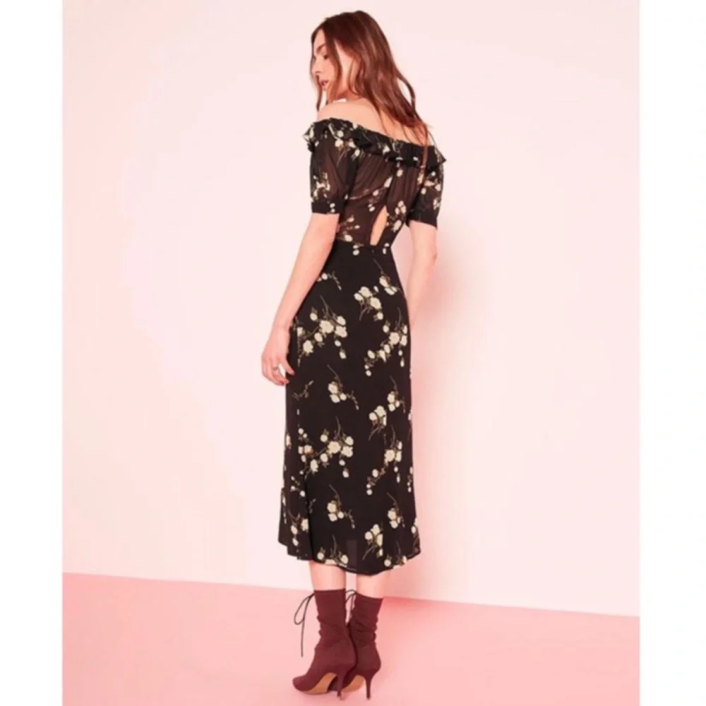 Reformation Inez Black Floral Off the Shoulder Midi Dress in Contessa Size 4 - Picture 4 of 10